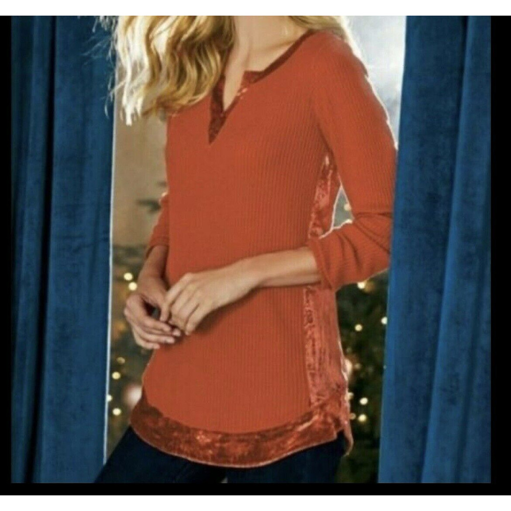 Soft Surroundings Terracotta Velvet Trim Blouse